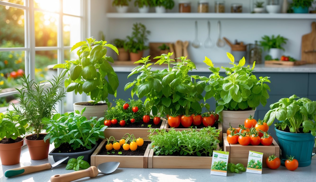 A kitchen with seven different healthy plants growing in pots and raised beds near a sunny window, including herbs and vegetables.