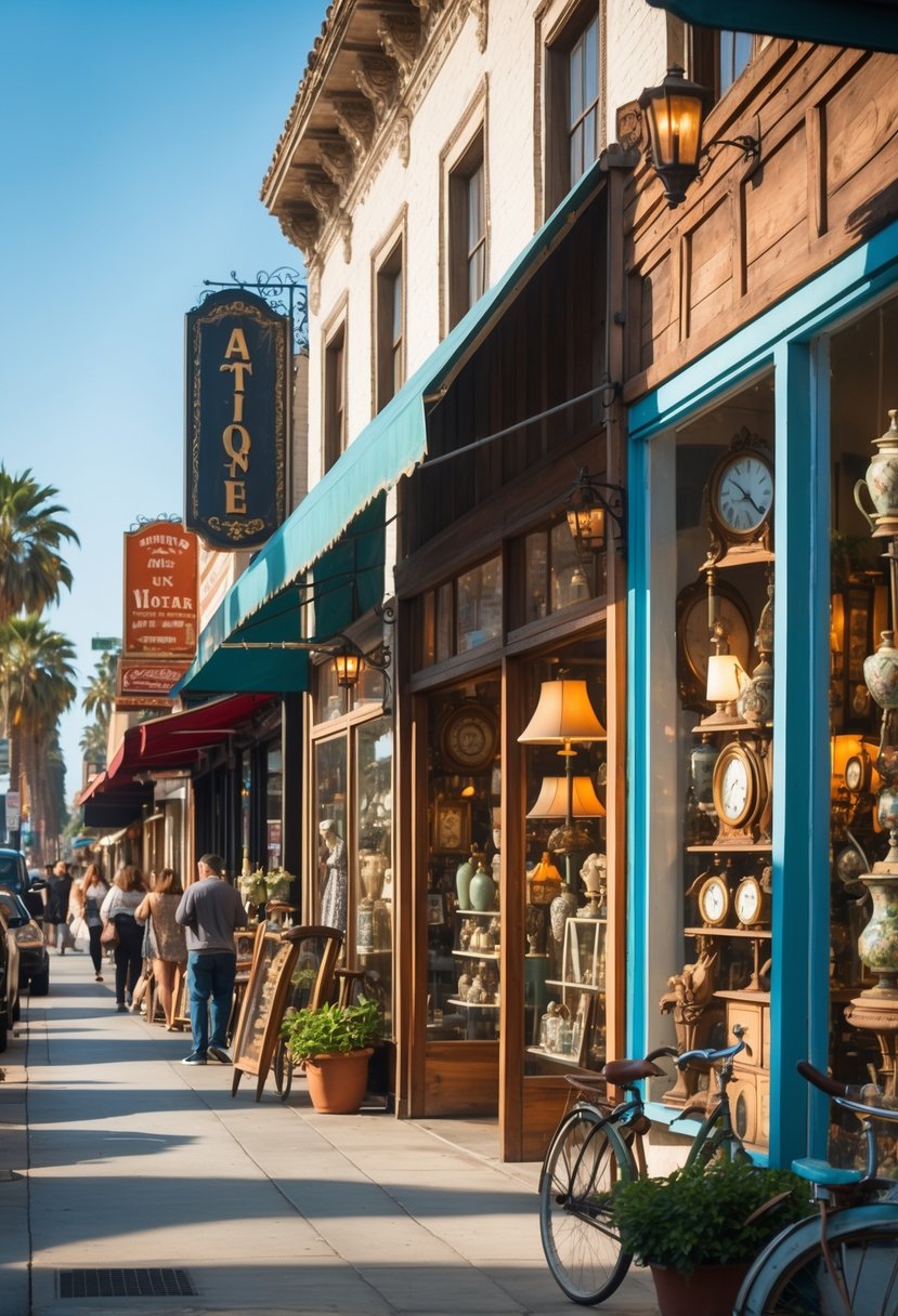 A street in Los Angeles with five antique stores displaying vintage furniture and collectibles, with people browsing outside on a sunny day.