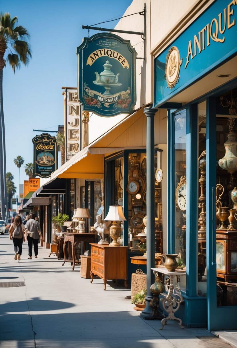 A sunny street in Los Angeles with five antique stores side by side, displaying vintage items in their windows and a few people walking nearby.