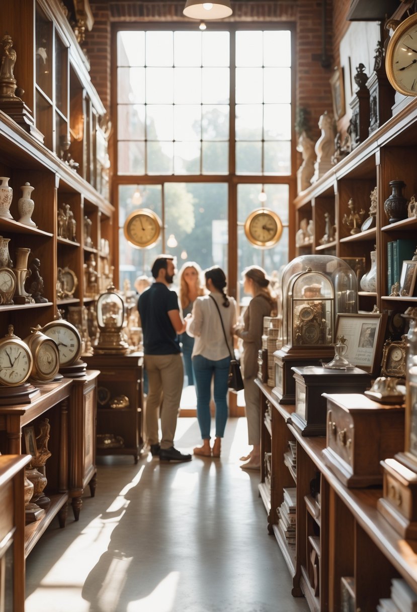 Shoppers browsing antiques in a well-lit store with shelves of vintage items and a store assistant helping a customer.