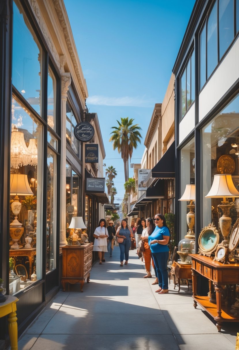 Five antique store fronts on a sunny Los Angeles street with people browsing vintage items inside and outside the shops.