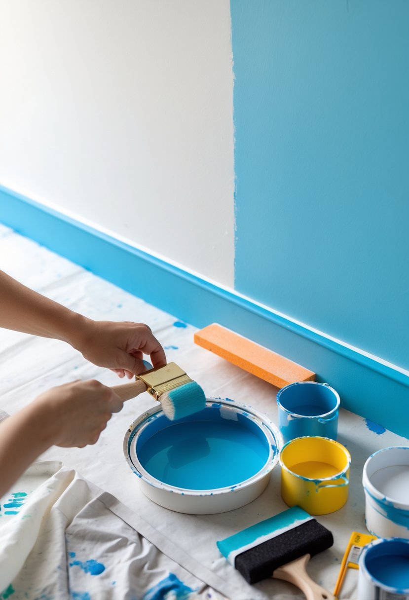 Hands applying painter's tape on a wall with painting tools and supplies arranged nearby in a clean workspace.