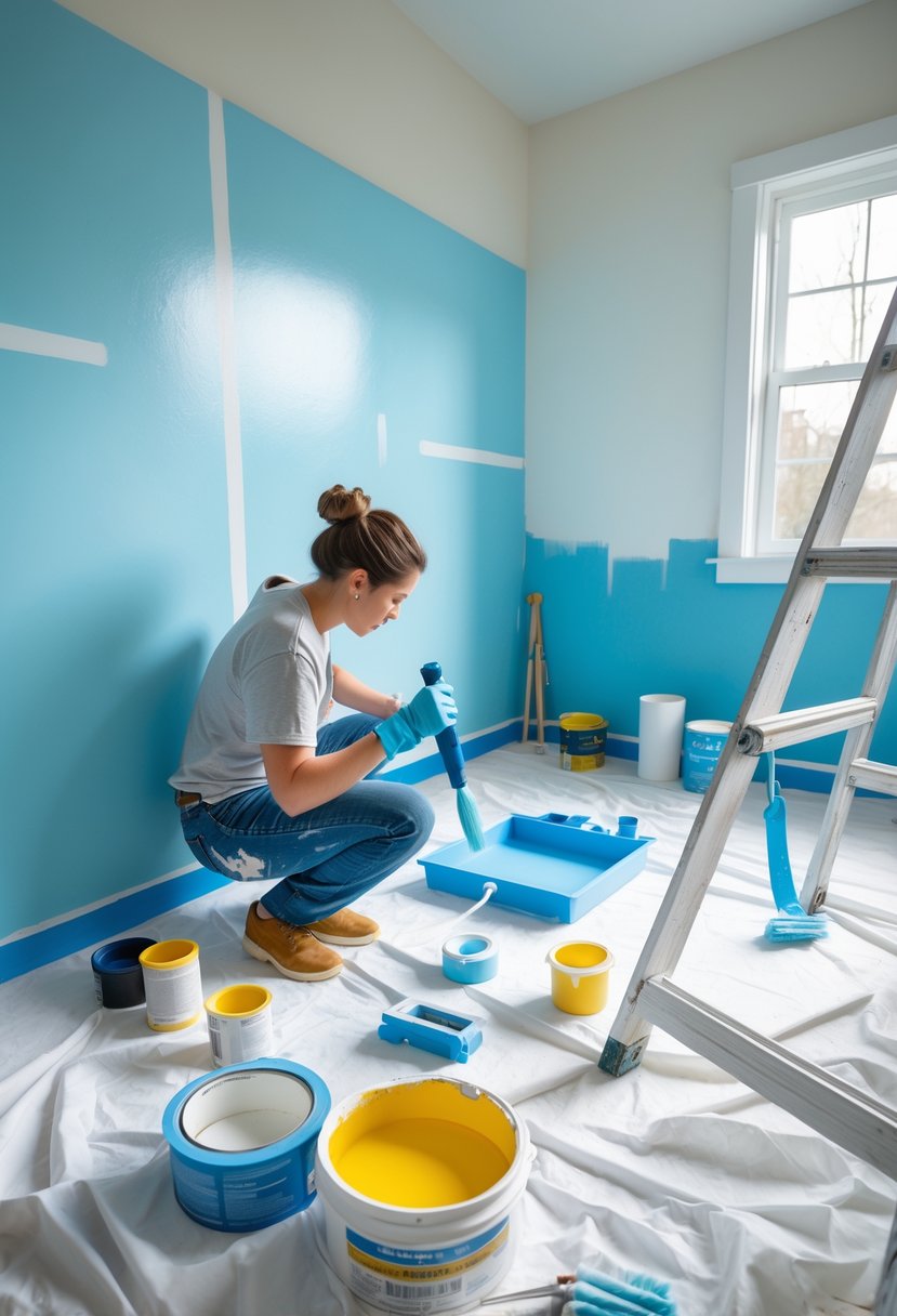 A person taping the edge of a wall with painter's tape in a bright room surrounded by painting tools and supplies.
