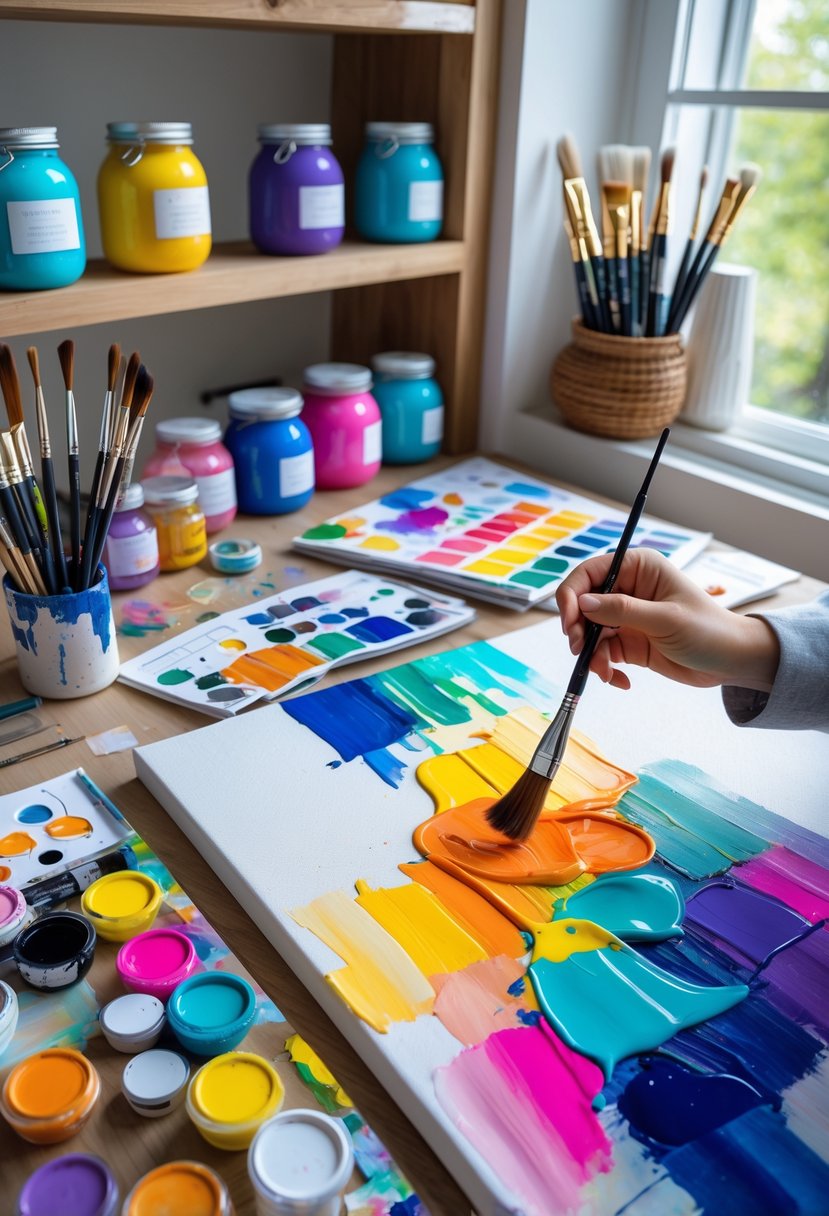 Hands painting a colorful abstract artwork with brushes and paint tubes on a wooden table in a bright artist's studio.