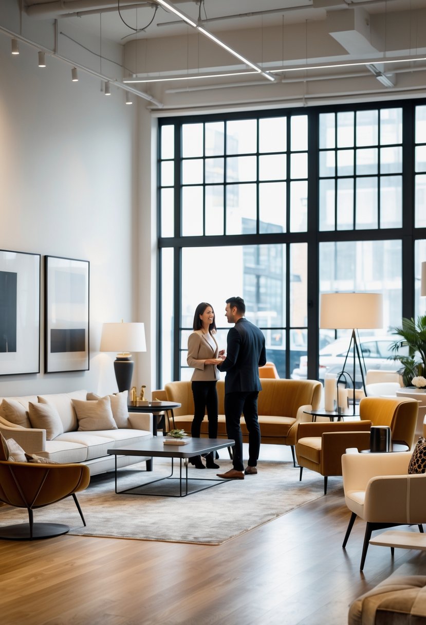 Interior of a bright furniture store with various sofas, tables, and chairs displayed, and a store associate helping customers.