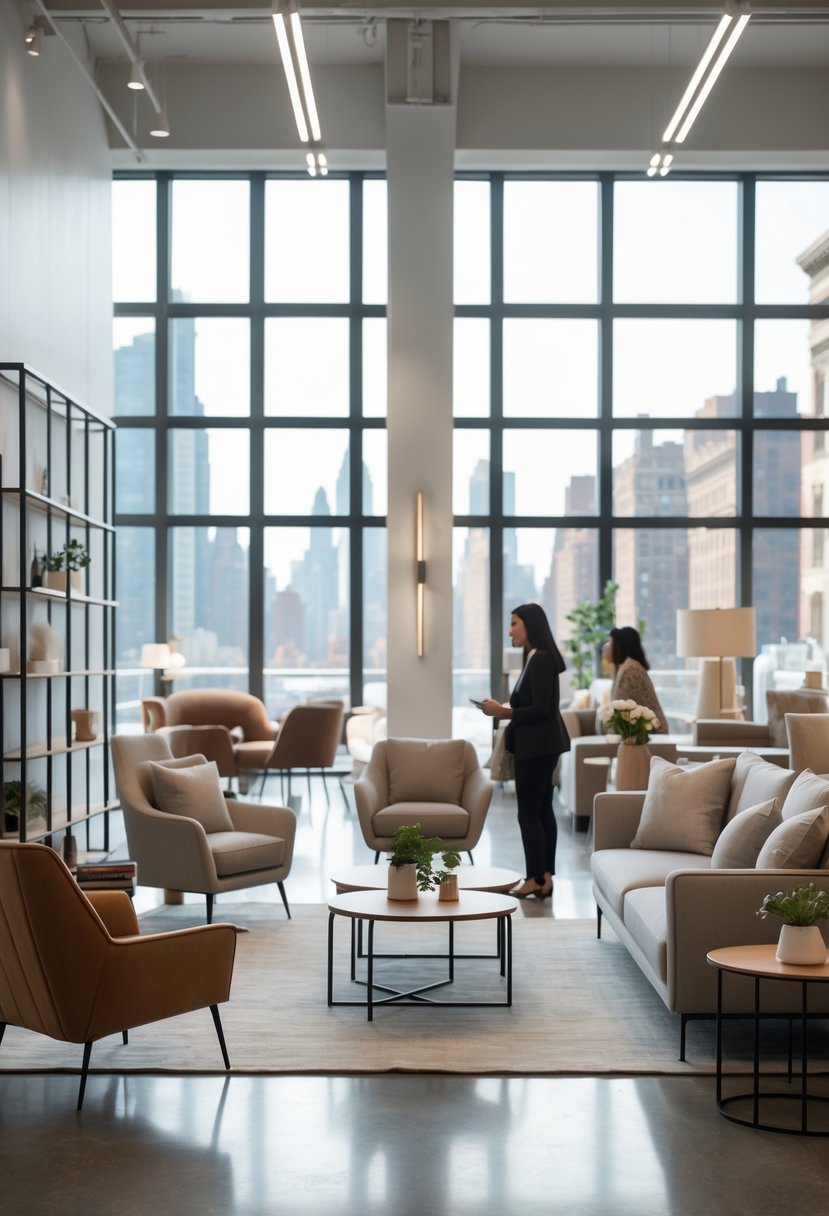 Interior of a modern furniture store with sofas, chairs, tables, and customers browsing inside.