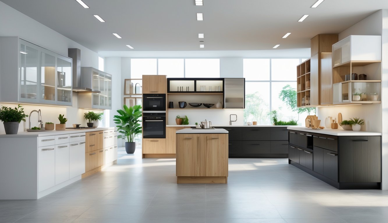 A showroom displaying ten different kitchen cabinet designs in various styles and finishes under natural light.