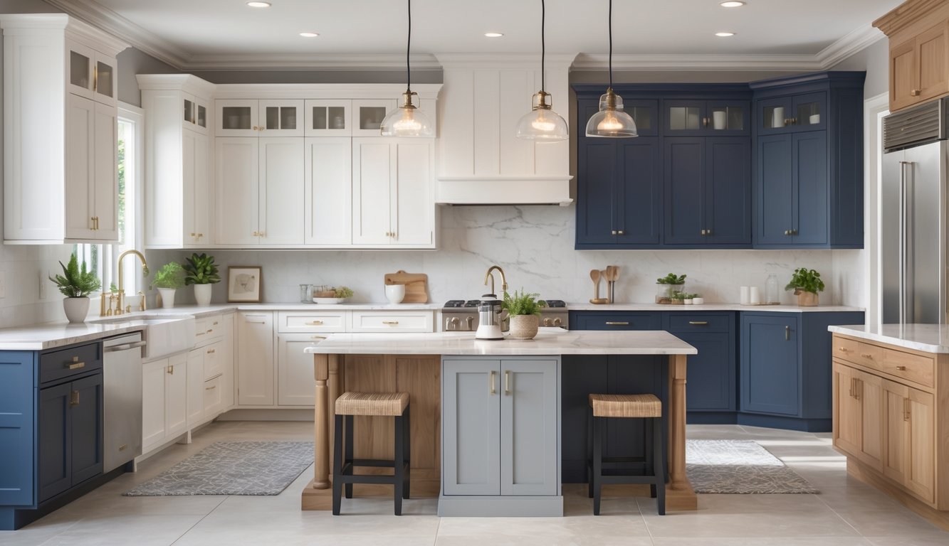 A bright kitchen interior featuring a variety of shaker cabinets in different colors and finishes around a spacious island with bar stools.