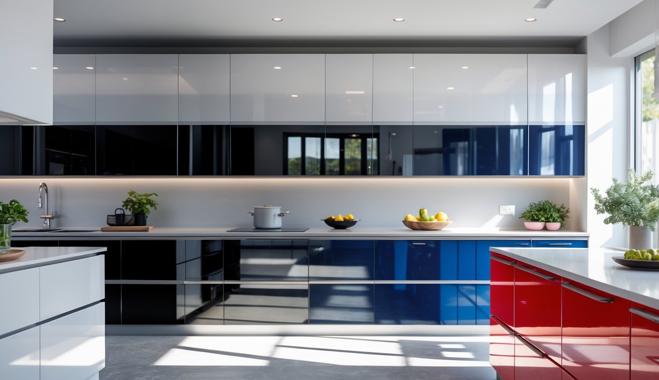 A modern kitchen interior featuring ten different high-gloss lacquered cabinets in various colors and styles, with clean countertops and natural light.