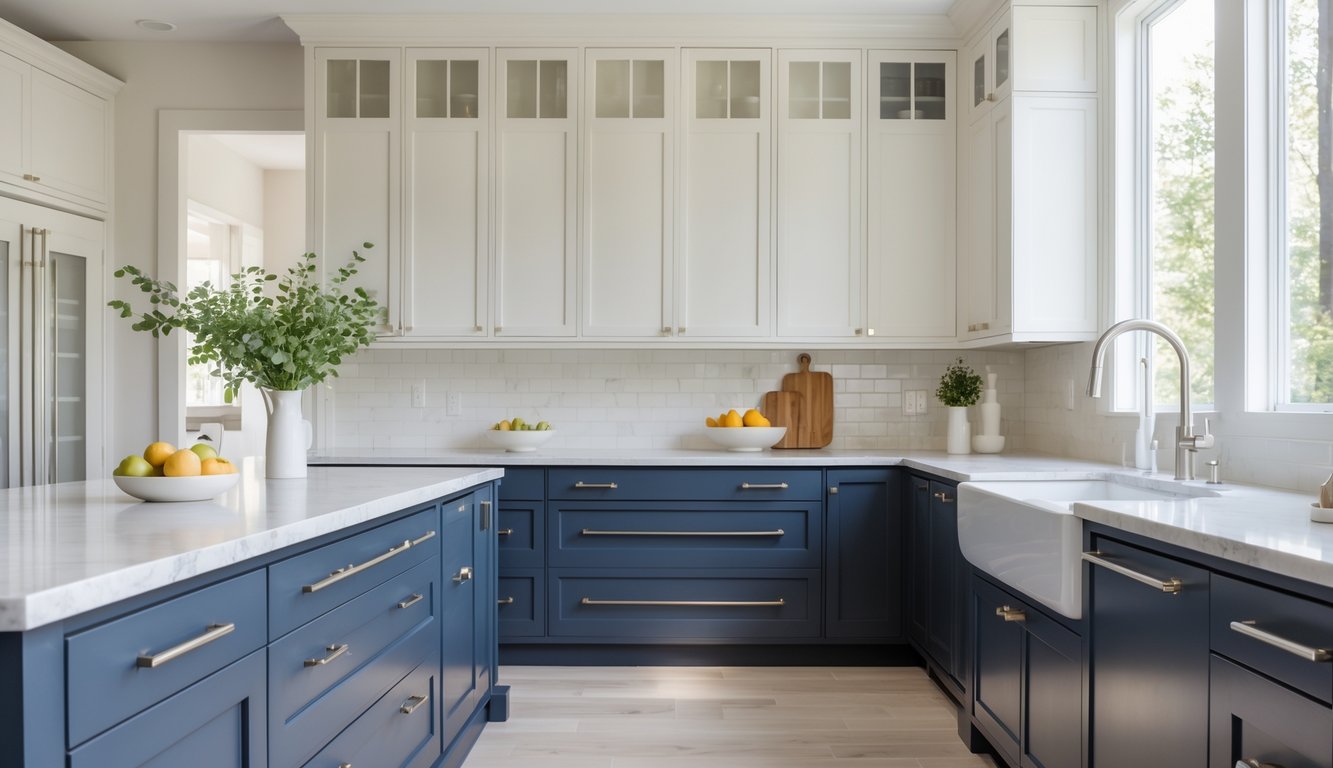 A bright kitchen with upper cabinets in a light color and lower cabinets in a dark color, featuring a kitchen island and modern appliances.