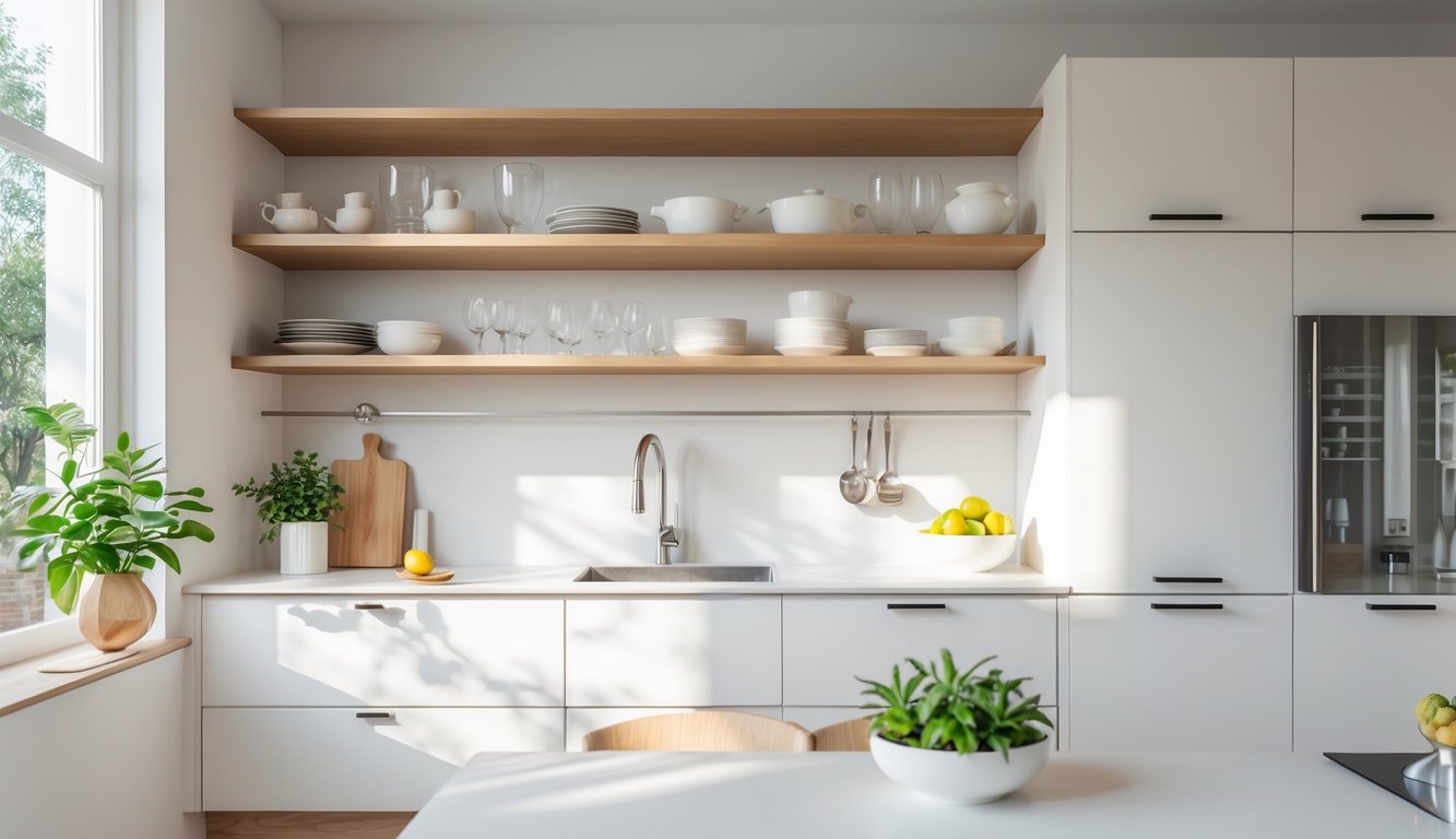 A modern kitchen with open shelves displaying dishes and closed cabinets beneath a bright window.