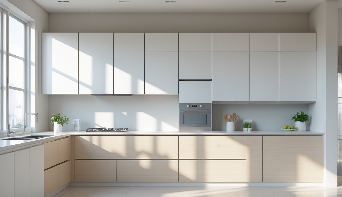 Modern kitchen with floating cabinets mounted on the wall above a clean countertop, illuminated by natural light.
