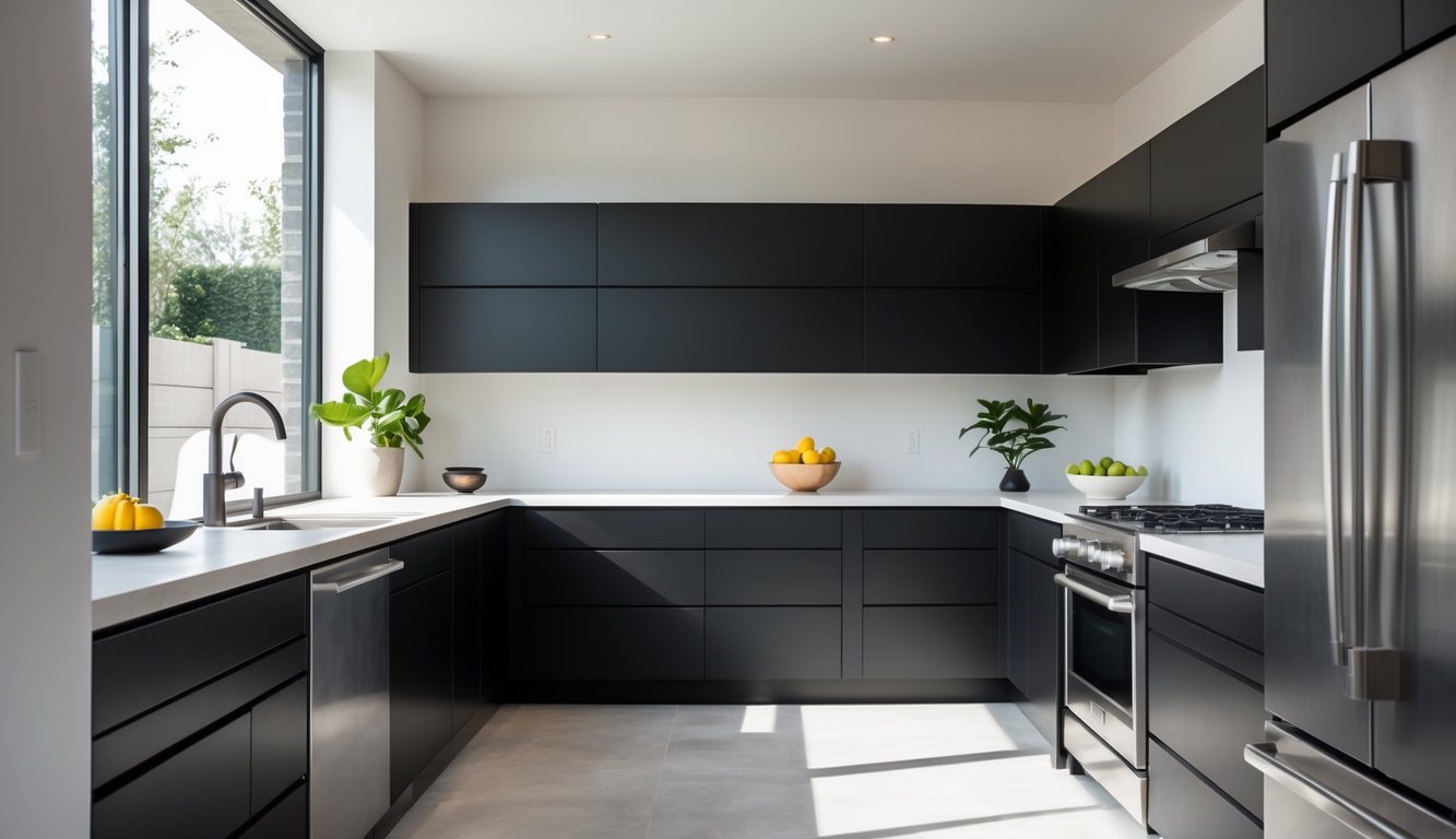 A modern kitchen with matte black cabinets, light countertops, stainless steel appliances, and natural light coming through large windows.