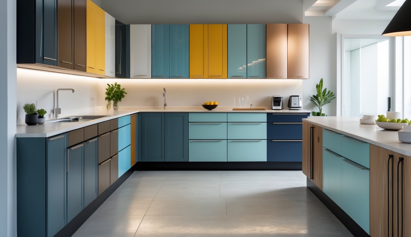 A modern kitchen with ten different kitchen cabinets featuring soft-close drawers and doors, arranged in a bright and spacious setting.
