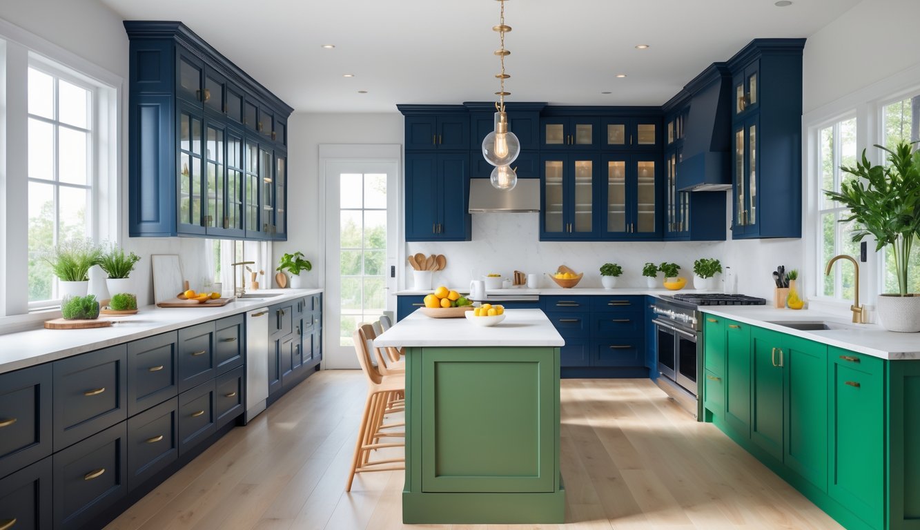 A modern kitchen with ten different bold-colored cabinets in navy blue and emerald green, arranged in a bright and spacious room with natural light.
