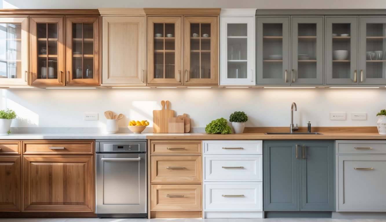 A showroom displaying ten different kitchen cabinet designs made from various materials arranged neatly under bright lighting.