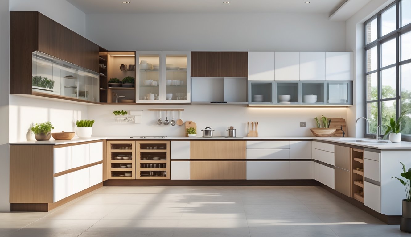 A modern kitchen featuring ten different types of cabinets designed to maximize storage and functionality, with various shelves, drawers, and compartments visible.