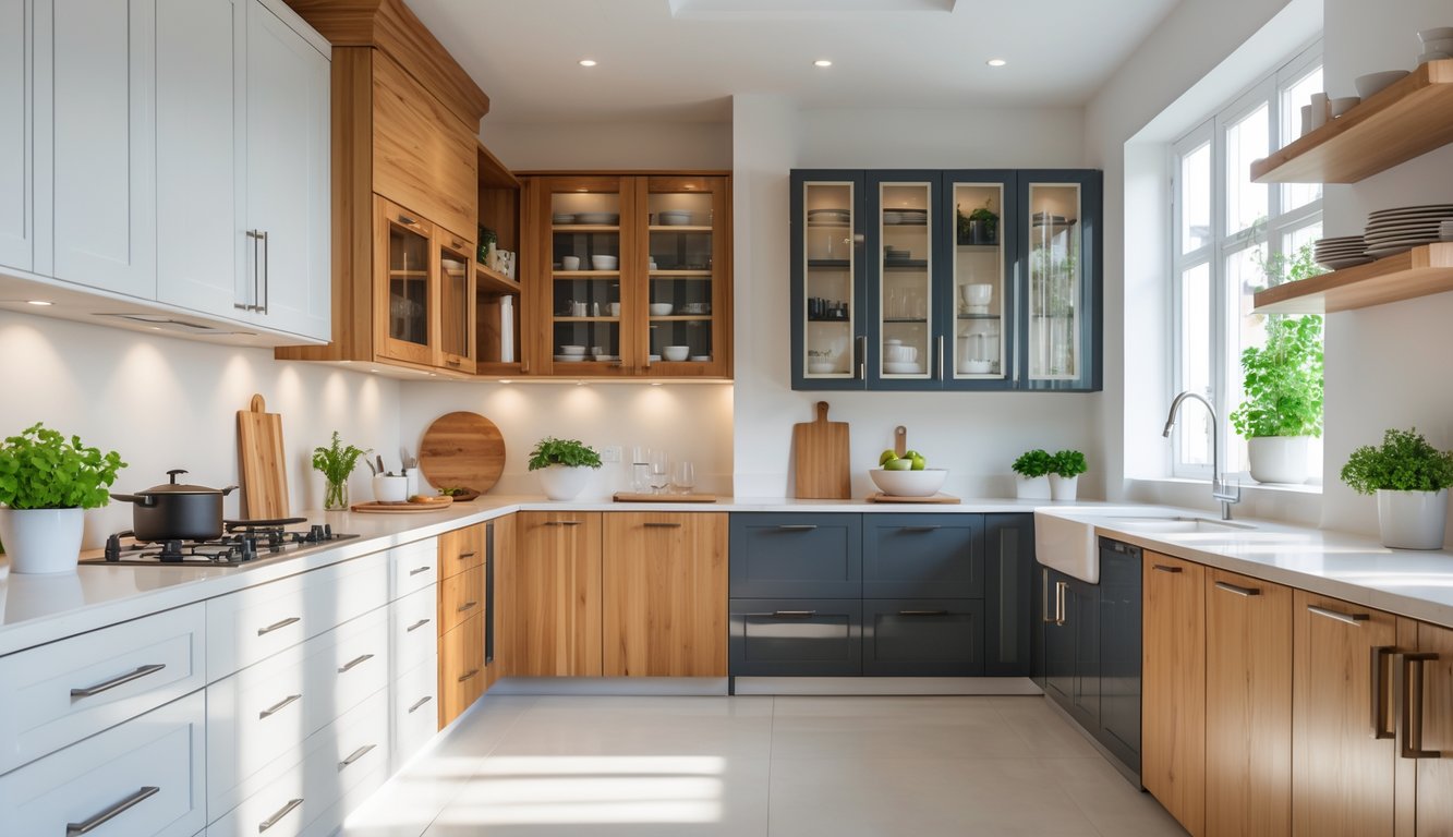 A modern kitchen interior displaying various styles of kitchen cabinets including white, wooden, glass-front, and open shelving under natural light.