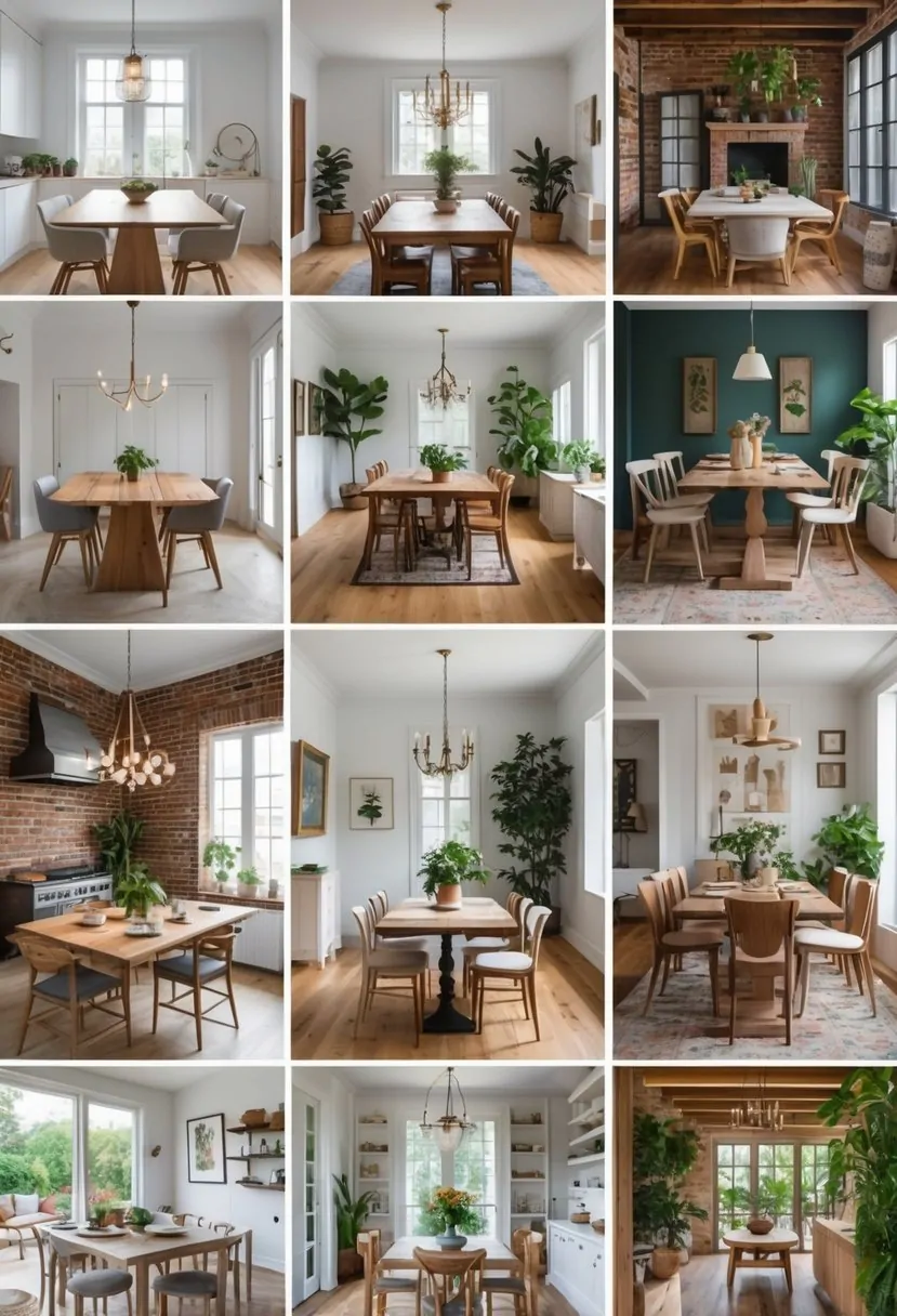 A collage of ten different dining rooms, each with a unique table, chairs, lighting, and decor.