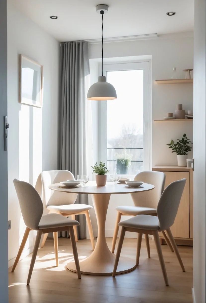 Small dining room with a round pedestal dining table set for four, surrounded by chairs, with natural light coming through a window.