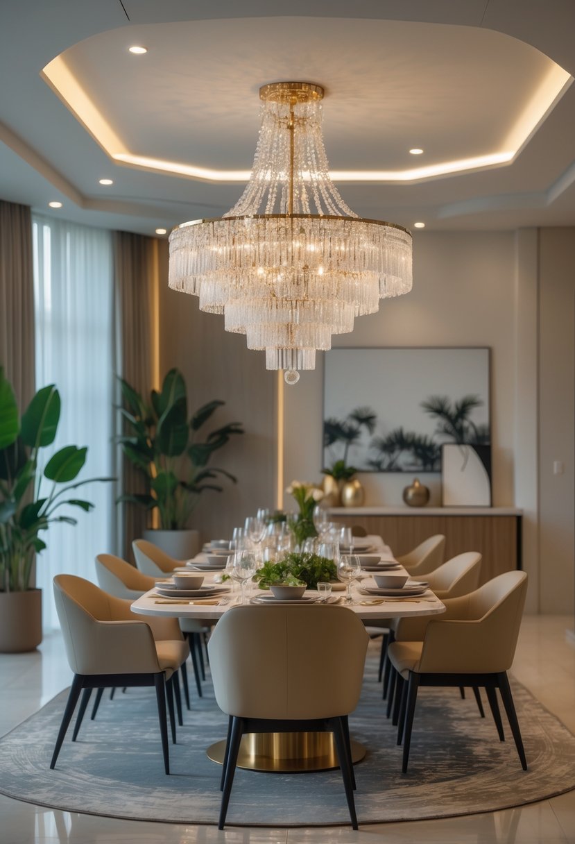 A dining room with a large chandelier hanging above a set dining table surrounded by chairs.