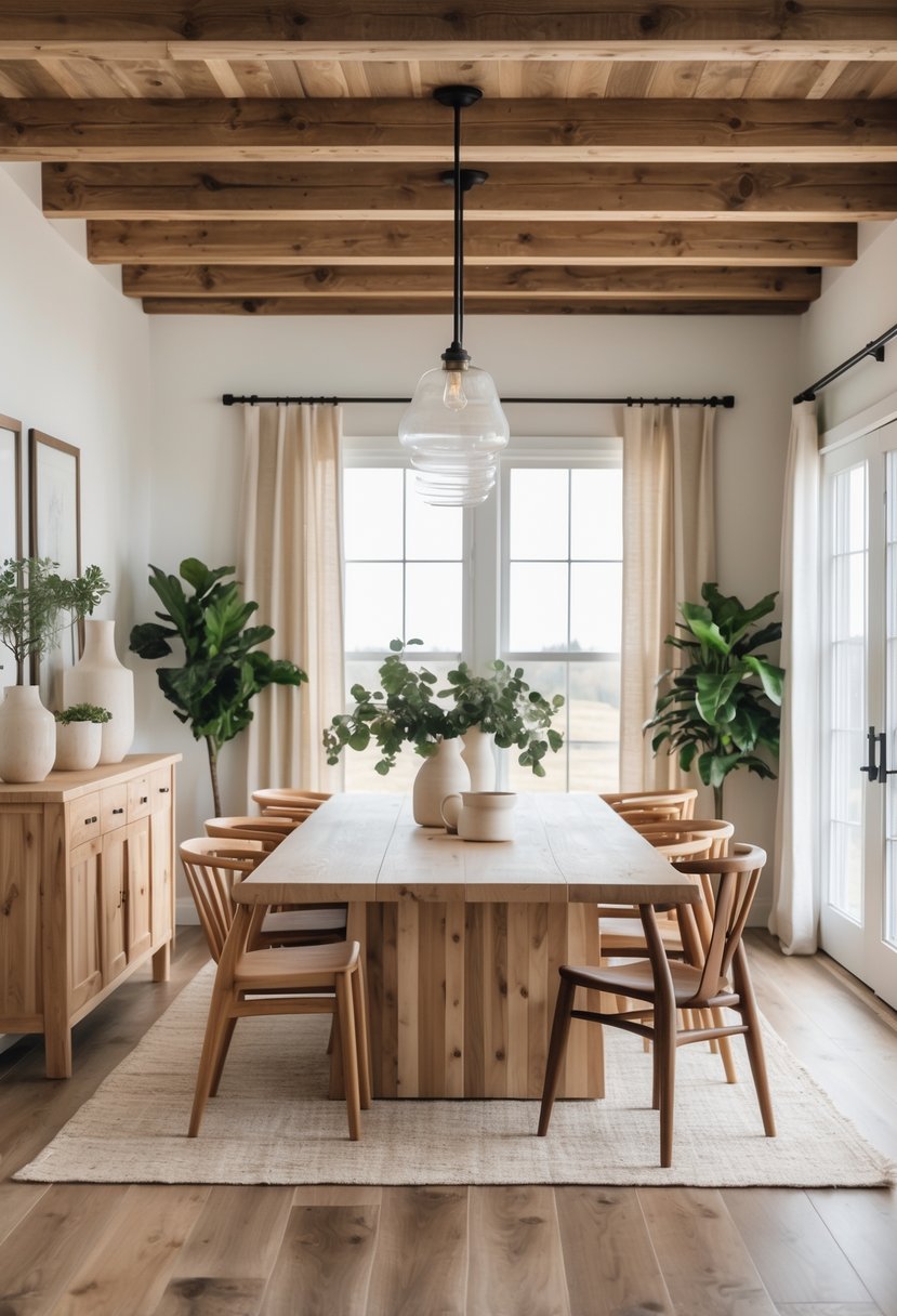 A bright dining room with a large wooden table, mixed wood chairs, wooden beams on the ceiling, a sideboard with decorative items, and natural light coming through large windows.