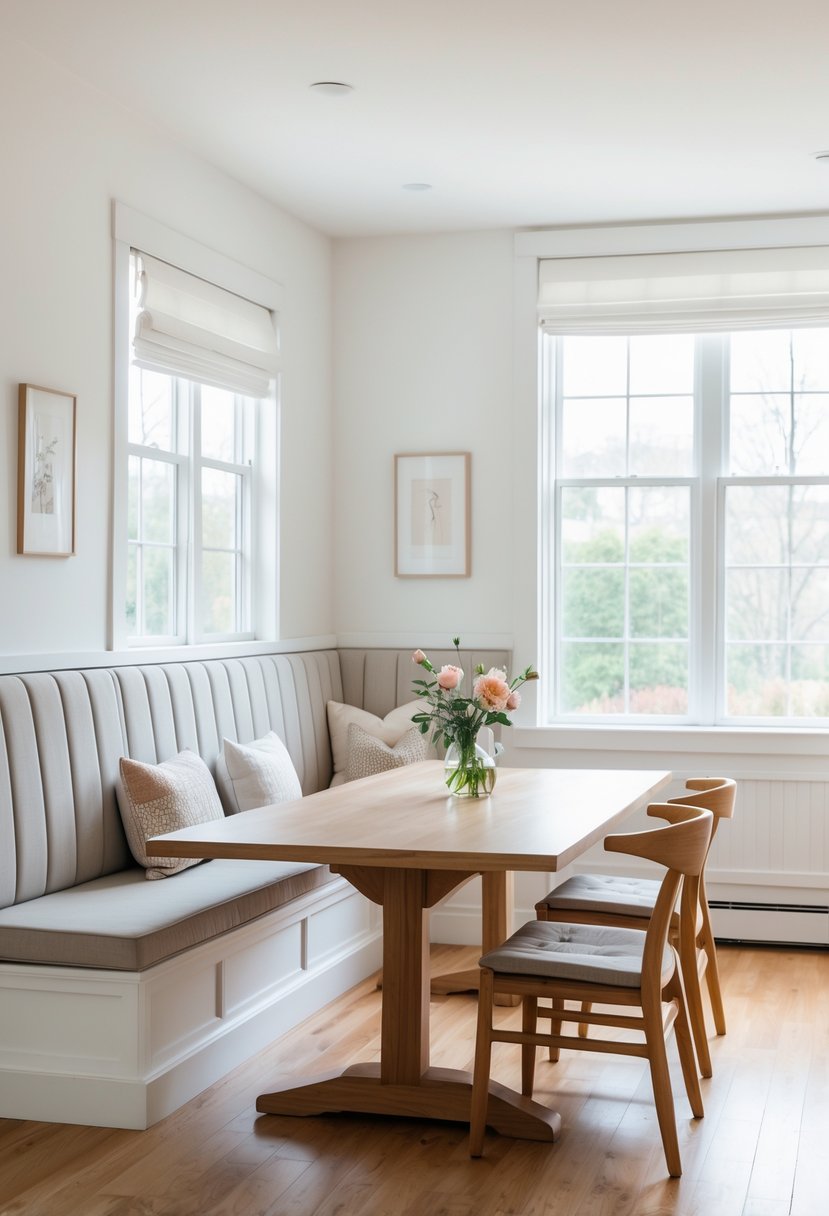 A dining room with a built-in bench along one wall, a wooden dining table, and chairs, lit by natural light from large windows.