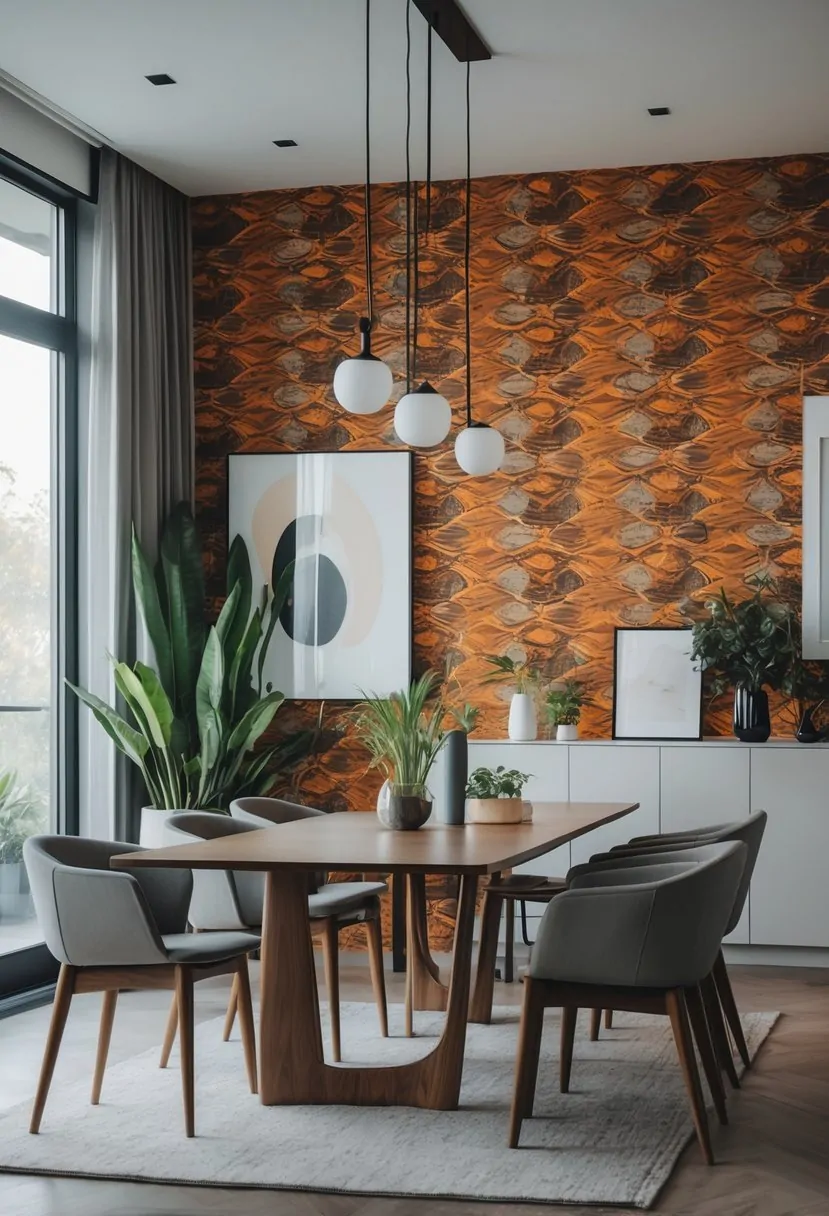 Dining room with a bold patterned accent wall, wooden table, chairs, and hanging lights.