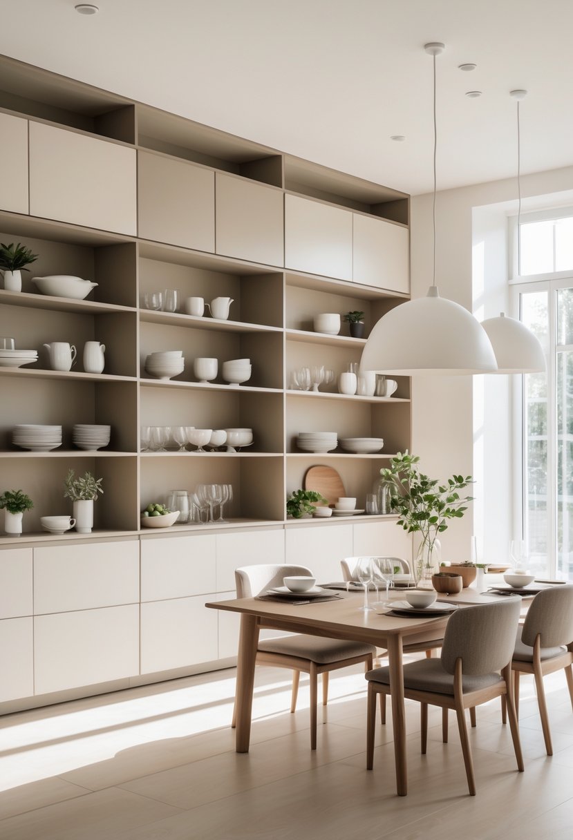 A bright dining room with a wooden table, chairs, open shelves displaying dishes and decor, and closed cabinets for storage.