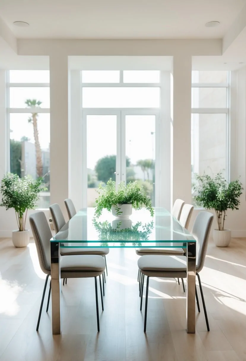 A dining room with a glass-top table surrounded by chairs, illuminated by natural light from large windows.