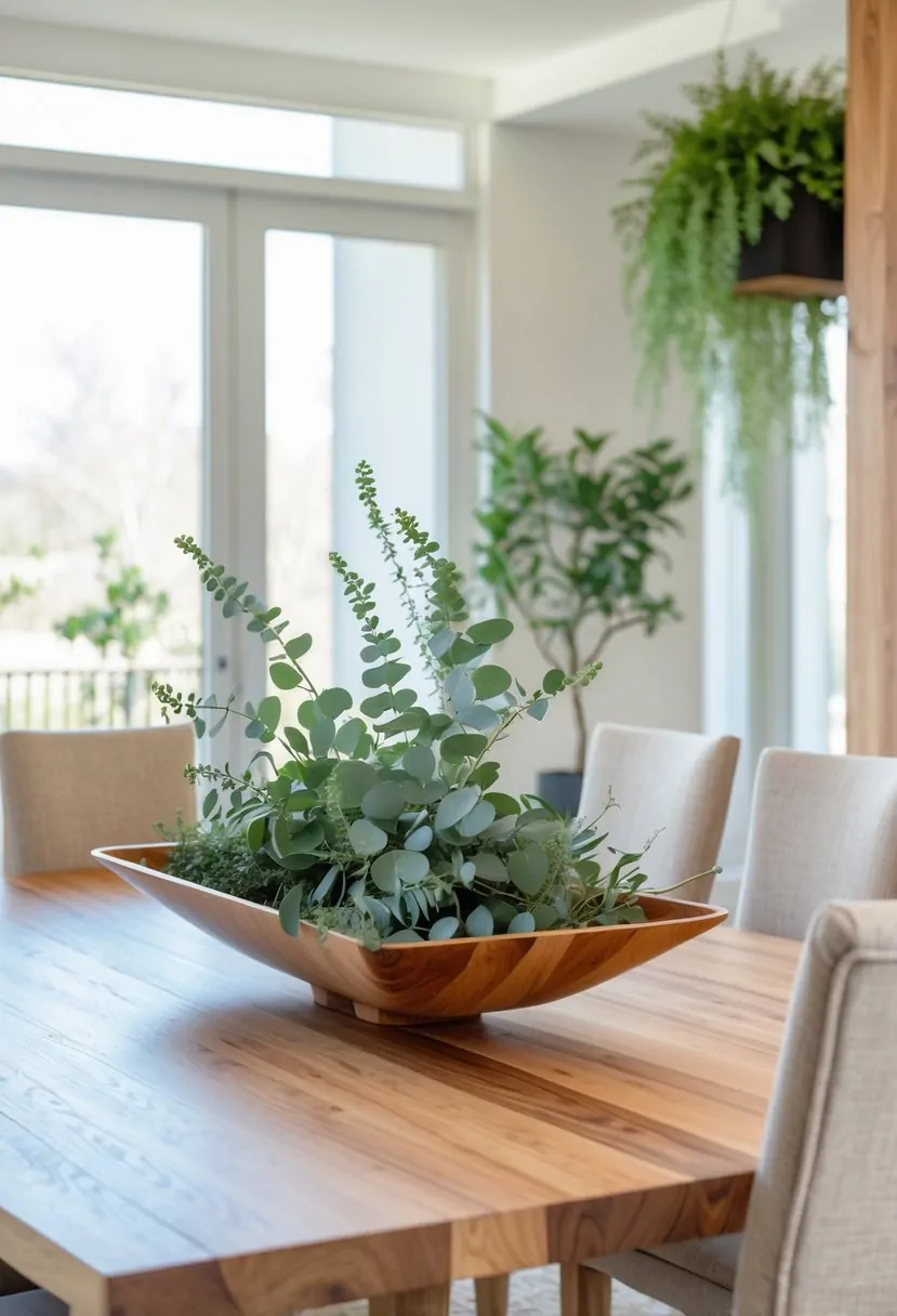 A dining room with a wooden table featuring a wooden centerpiece and fresh green plants, surrounded by chairs and natural light.