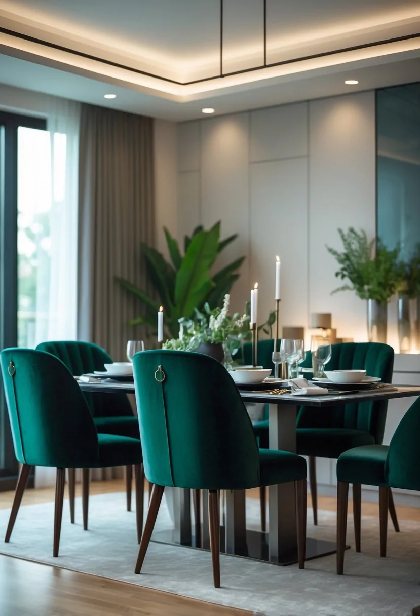A dining room with velvet upholstered chairs around a dining table, set with tableware and softly lit by natural light.