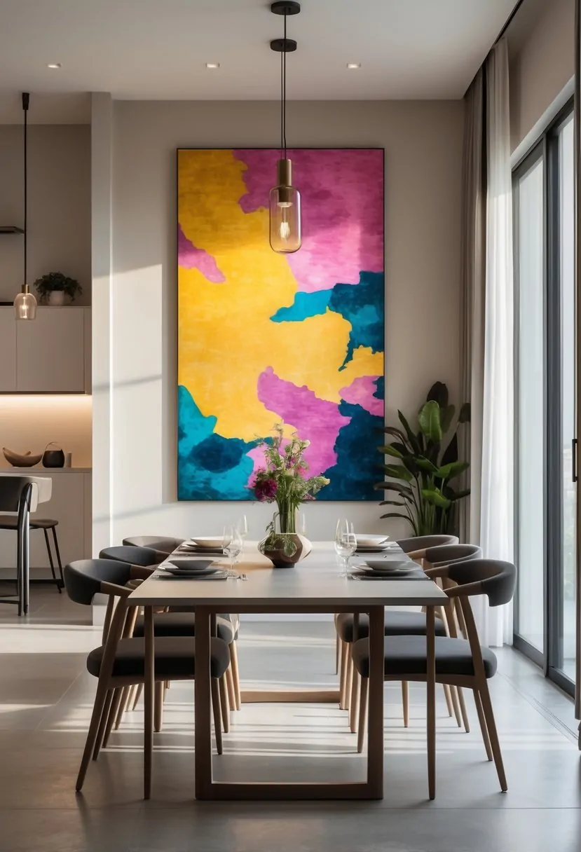 A dining room with a large colorful wall art above a table set for six, illuminated by natural light from nearby windows.