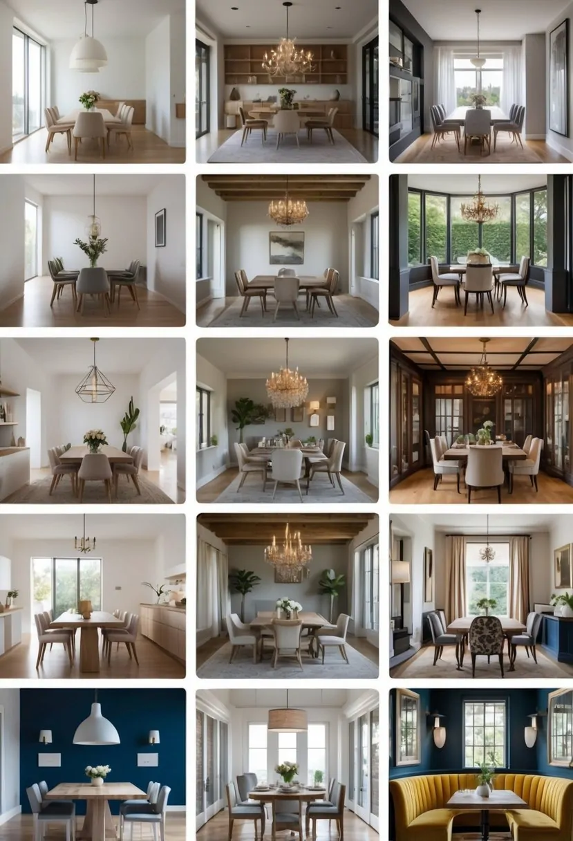 A collage of ten different dining rooms showing various furniture styles, lighting, and decorations.