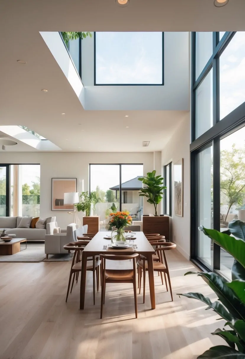 A bright open living space with a dining table and chairs next to a comfortable seating area with a sofa and coffee table.