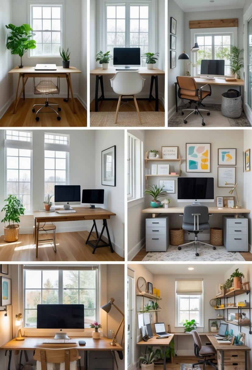 Seven different home office setups showing various desks, chairs, computers, and decor in well-organized rooms.