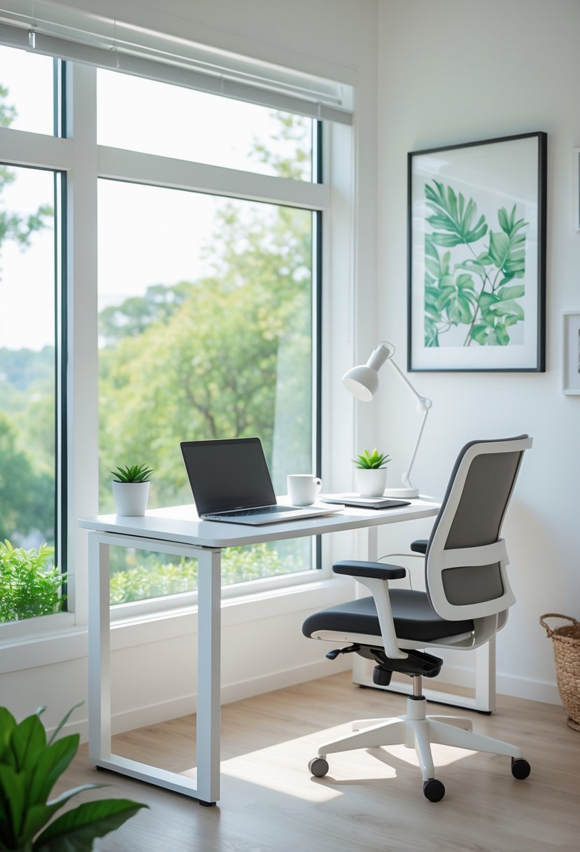A home office desk next to a window with natural light, a laptop, a notebook, a coffee cup, and a plant.