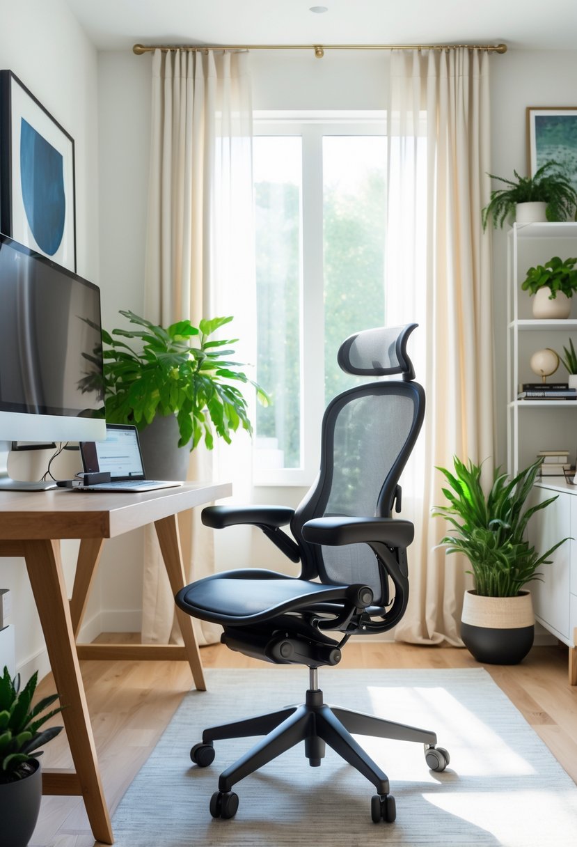 A home office with an ergonomic chair, a wooden desk with computer equipment, plants, and shelves with books.