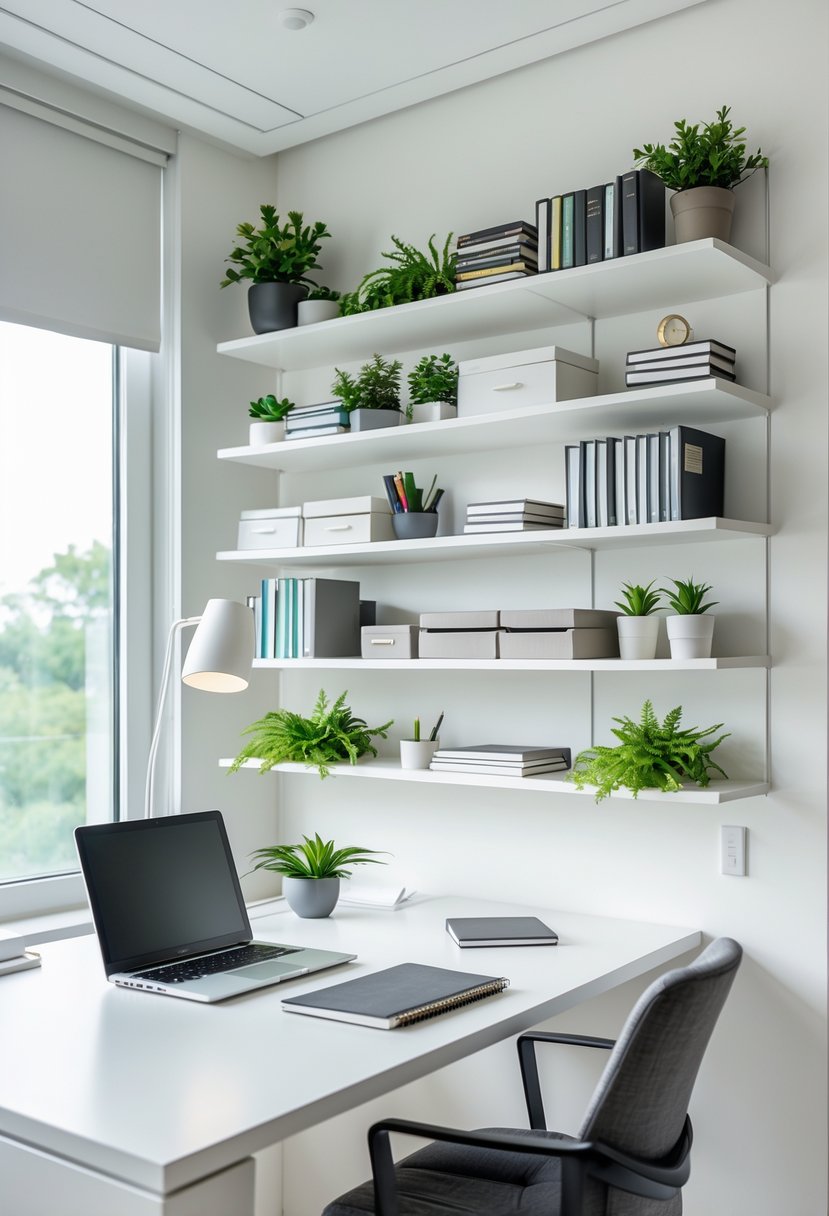 A home office with wall-mounted shelves holding books and plants above a desk with a laptop and lamp, with clear floor space.