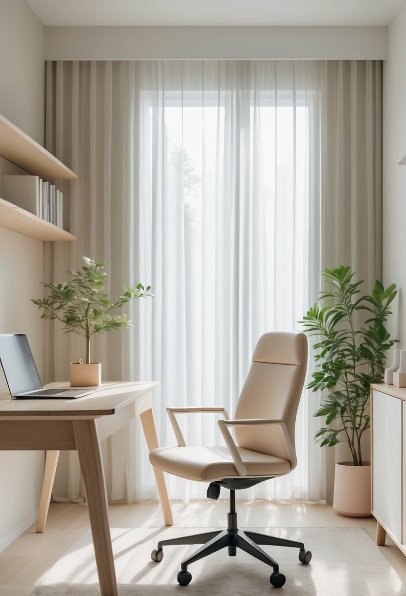 A tidy home office with a wooden desk, laptop, potted plant, ergonomic chair, and soft natural light coming through a window.