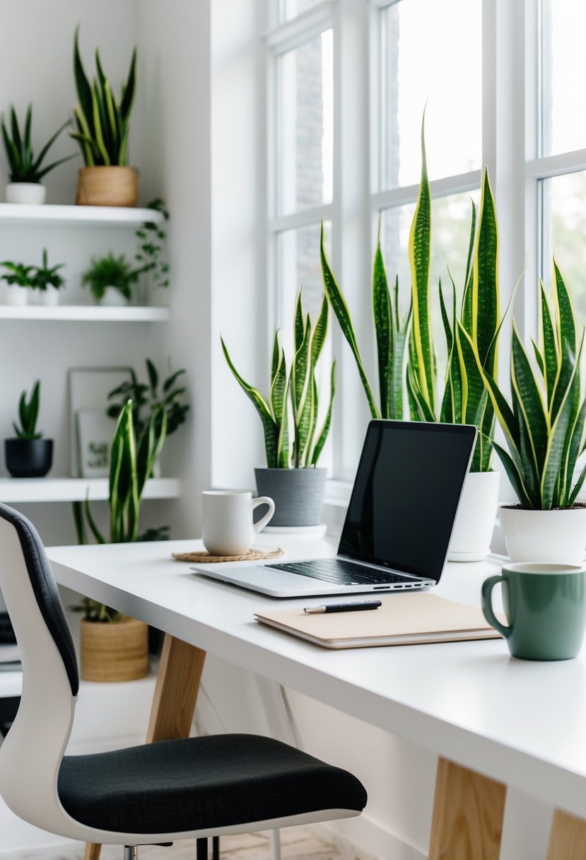A home office with a desk, laptop, and several snake plants near a window, creating a bright and organized workspace.