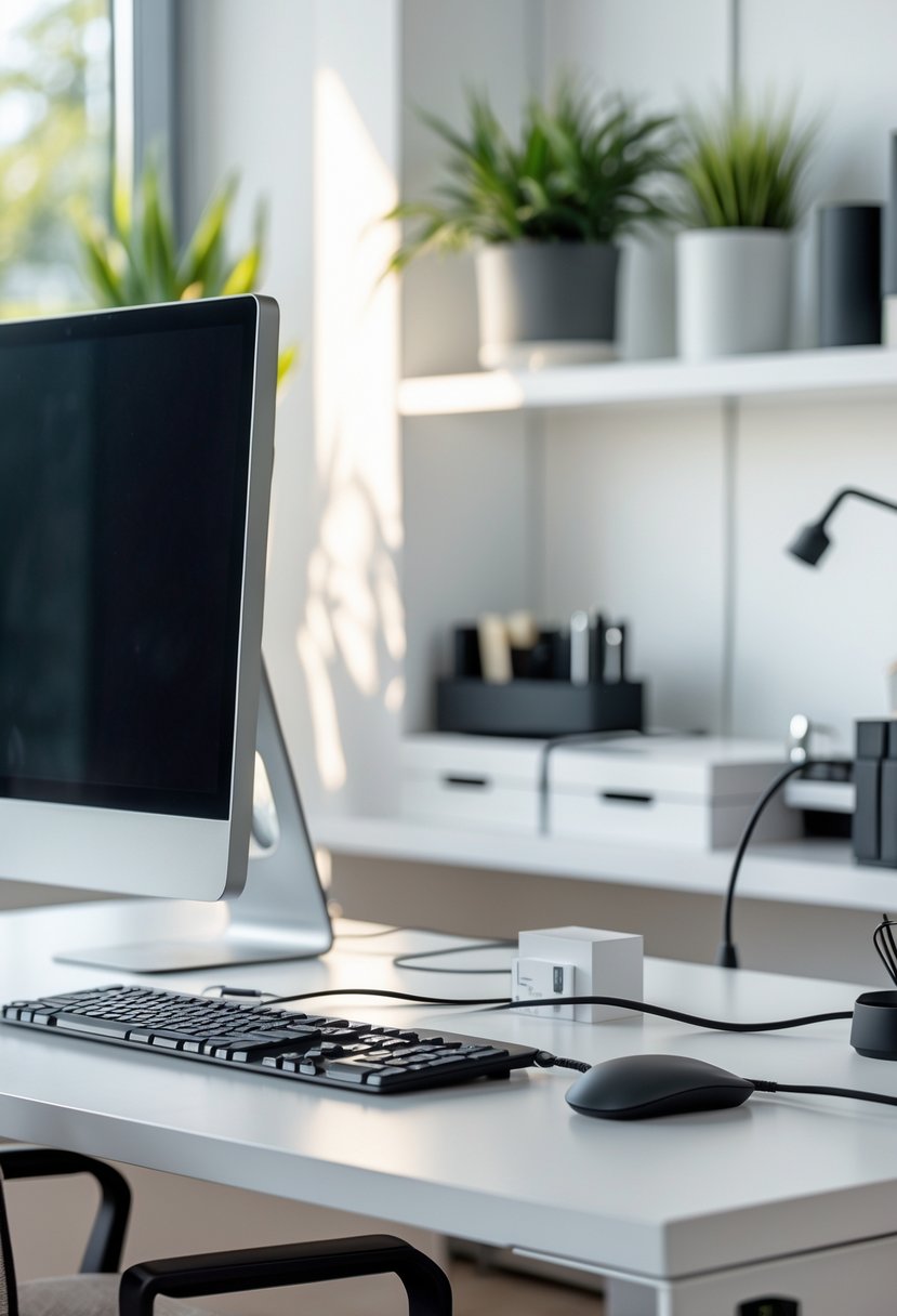 A clean home office desk with a computer and neatly organized cables hidden using cable management tools.
