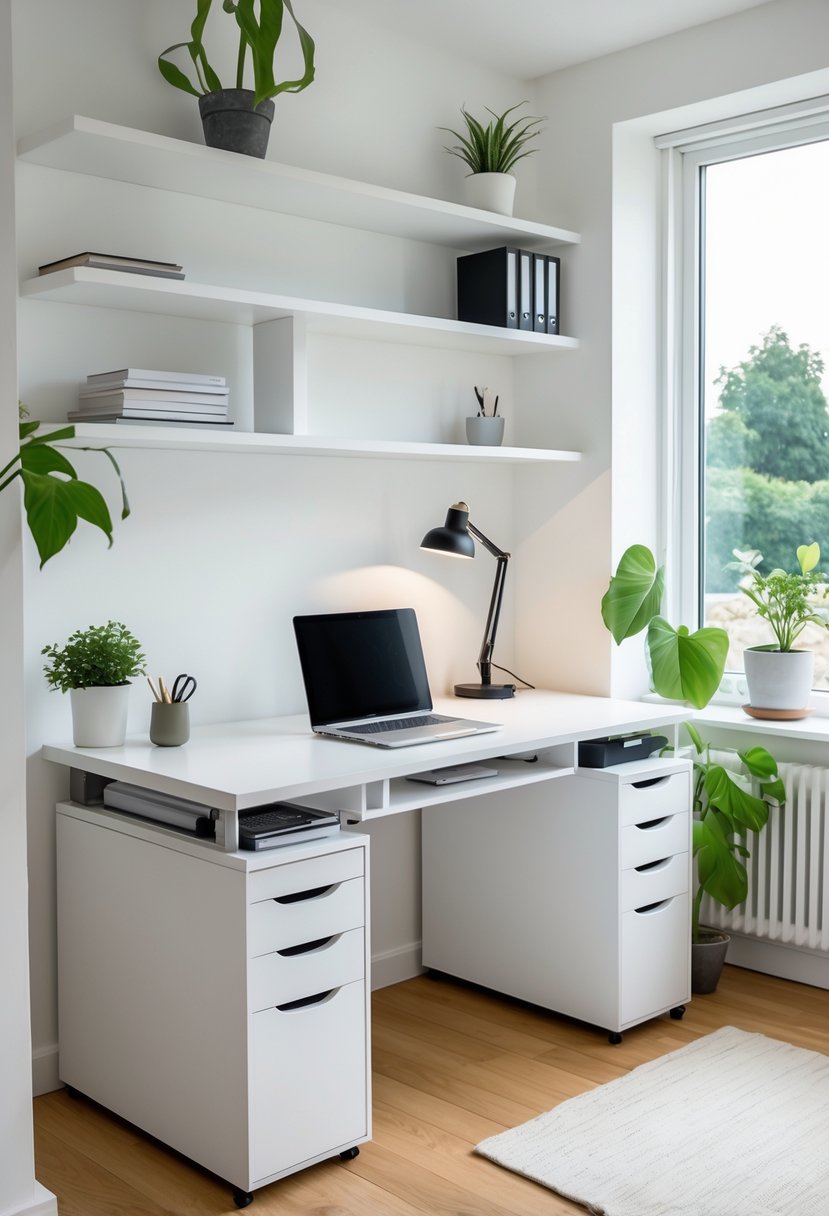 A neat home office with a desk that has built-in drawers, a laptop, a lamp, shelves, and plants near a window.