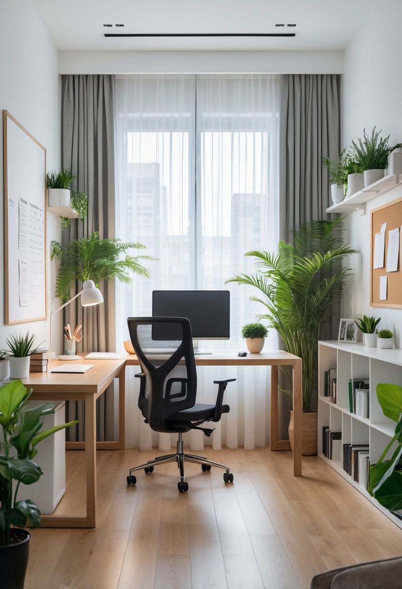 A bright home office with a wooden desk, ergonomic chair, laptop, monitor, shelves with books and plants, a window letting in natural light, and a cozy reading nook.