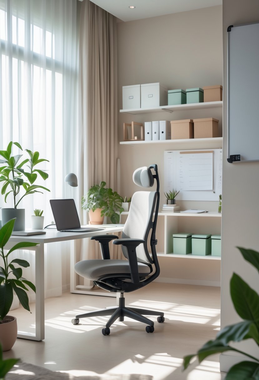 A tidy home office with a desk, laptop, ergonomic chair, plants, and organized shelves in a well-lit room.
