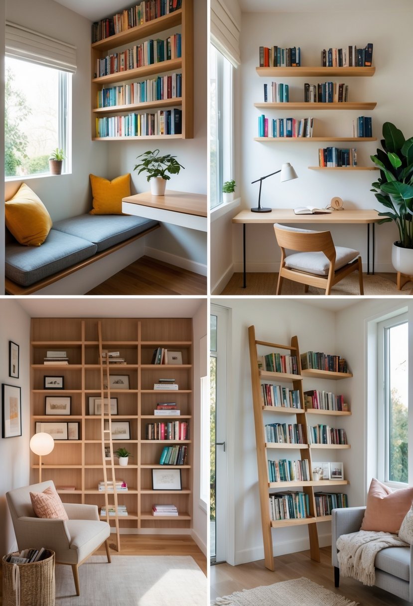 A cozy room showing five different small home library setups, including built-in shelves, wall-mounted shelves, a ladder bookshelf, a corner unit, and a rolling book cart, all filled with books and surrounded by comfortable seating and decor.