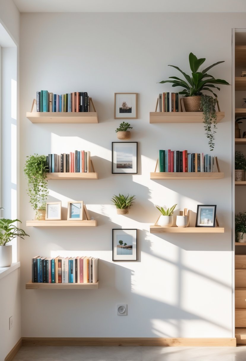 A room with five different floating wall shelf arrangements holding books and small decorative items, maximizing vertical space for home libraries.