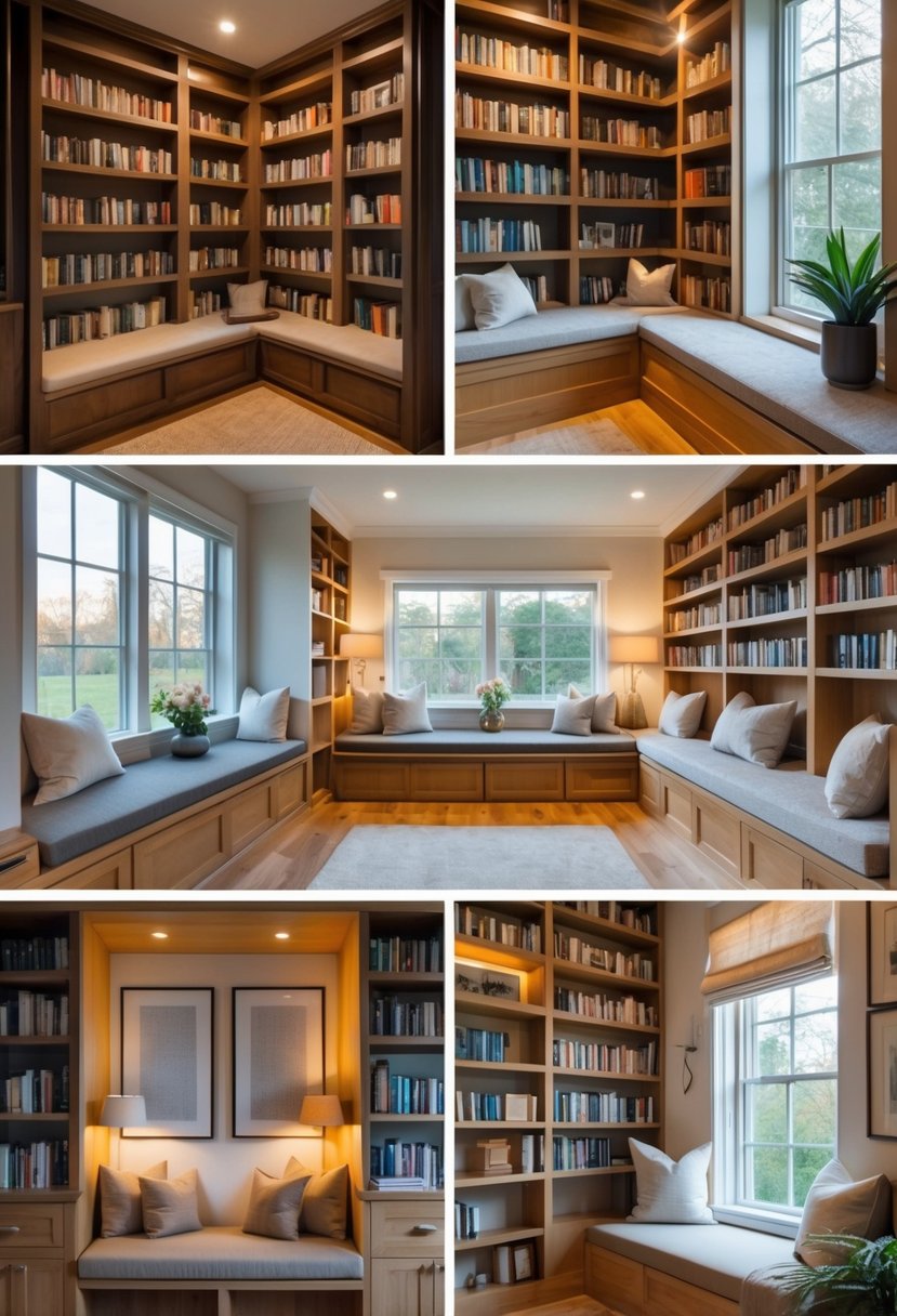 Five small home library spaces with built-in bookshelves and integrated seating areas, each featuring bookshelves filled with books and cozy seating spots.