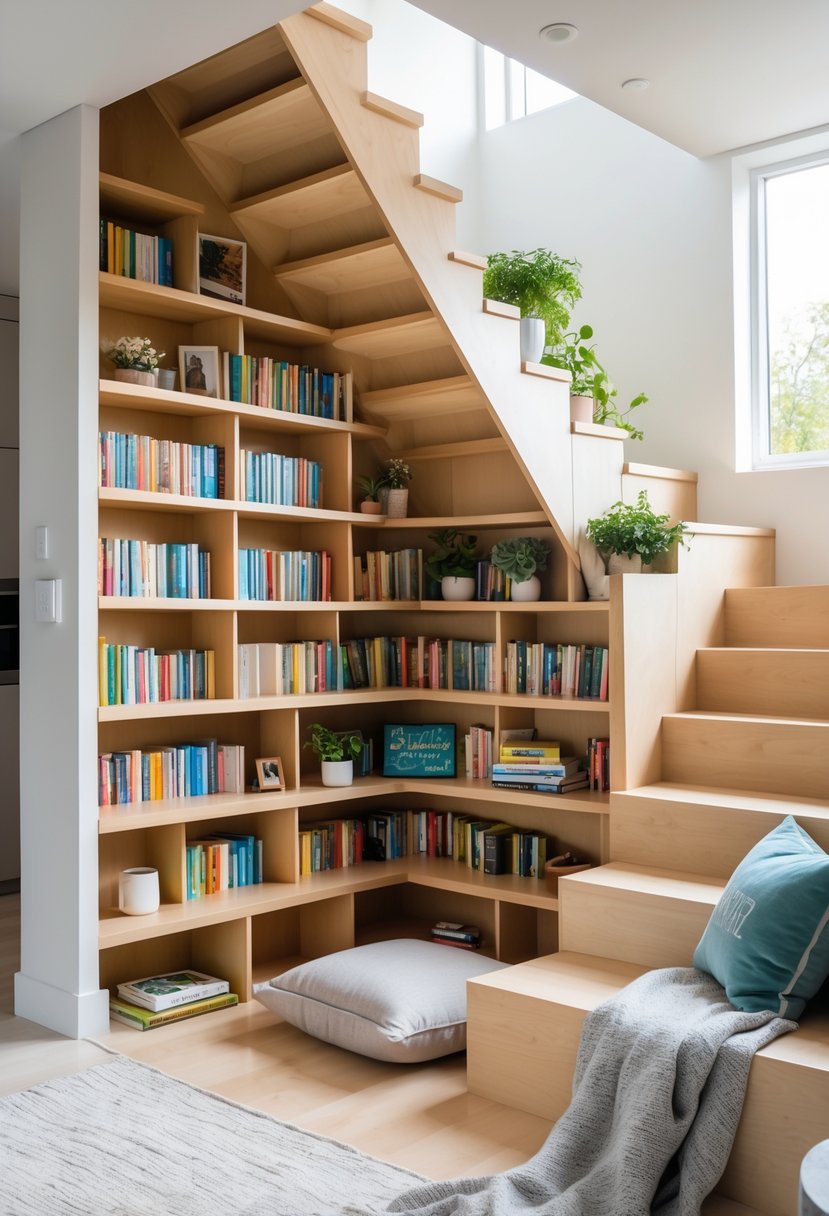 A small home library built into the space under a staircase with shelves filled with books and cozy reading accessories.