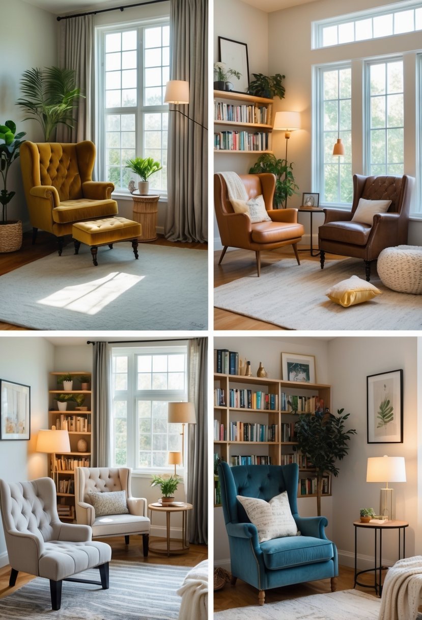 Five cozy corner reading nooks with armchairs and small bookshelves in a bright room.